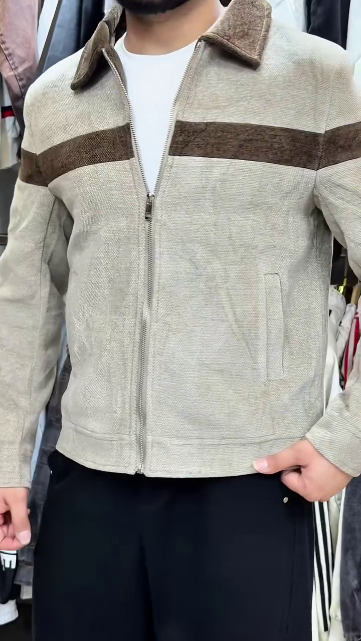 Men's Black Textured Casual Zip-Up Jacket Featuring Contrast Brown Chest Striping, Ribbed Collar, and Front Zipper Closure