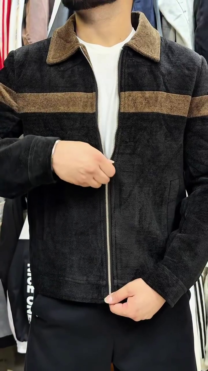 Men's Black Textured Casual Zip-Up Jacket Featuring Contrast Brown Chest Striping, Ribbed Collar, and Front Zipper Closure