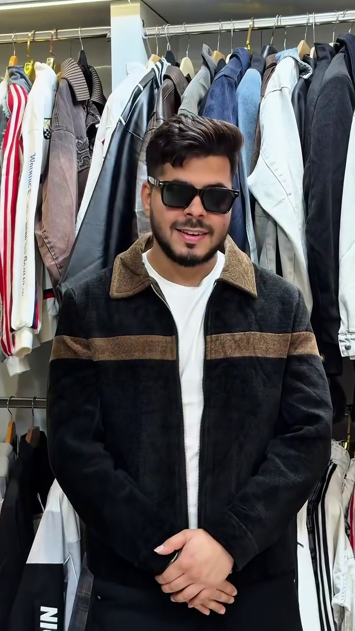 Men's Black Textured Casual Zip-Up Jacket Featuring Contrast Brown Chest Striping, Ribbed Collar, and Front Zipper Closure
