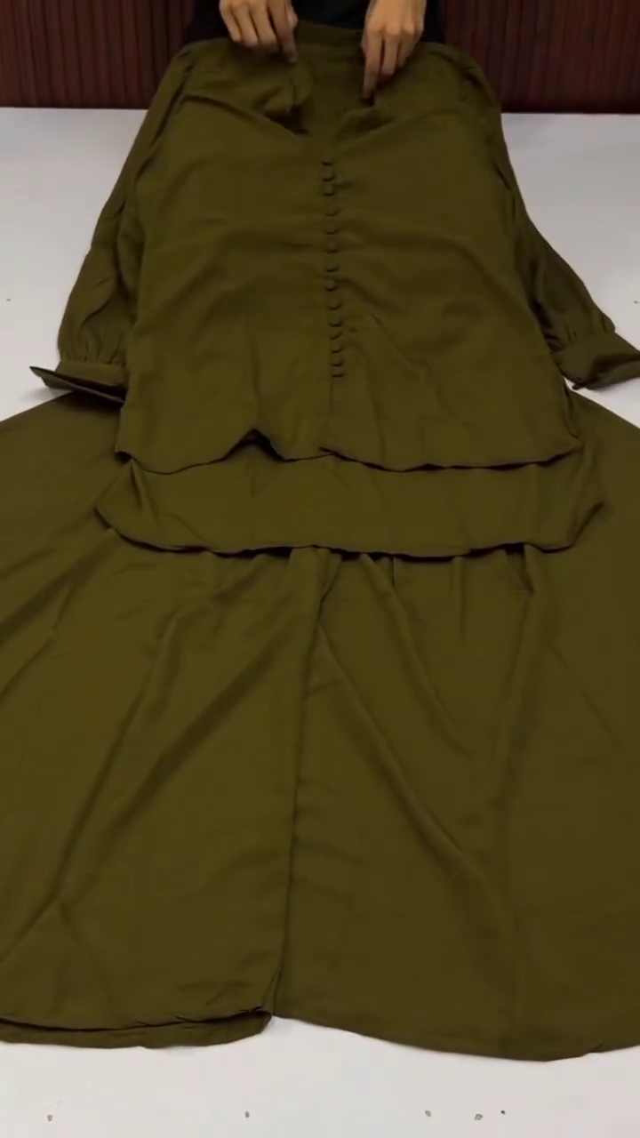 Olive Green Front-Button Casual Kurta and Flared Bottom Set Featuring Long Sleeves and Tiered Hemline Construction   🌿
