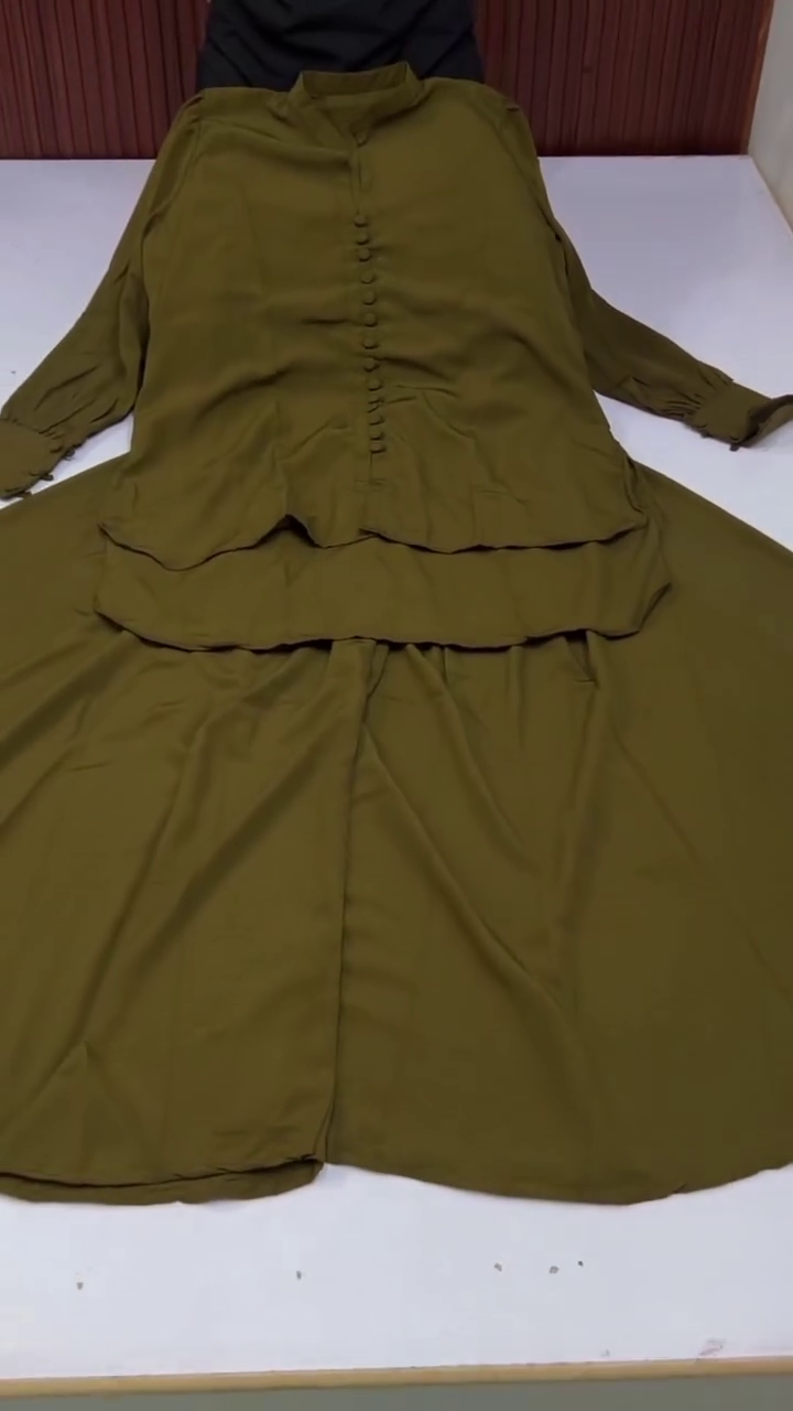 Olive Green Front-Button Casual Kurta and Flared Bottom Set Featuring Long Sleeves and Tiered Hemline Construction   🌿