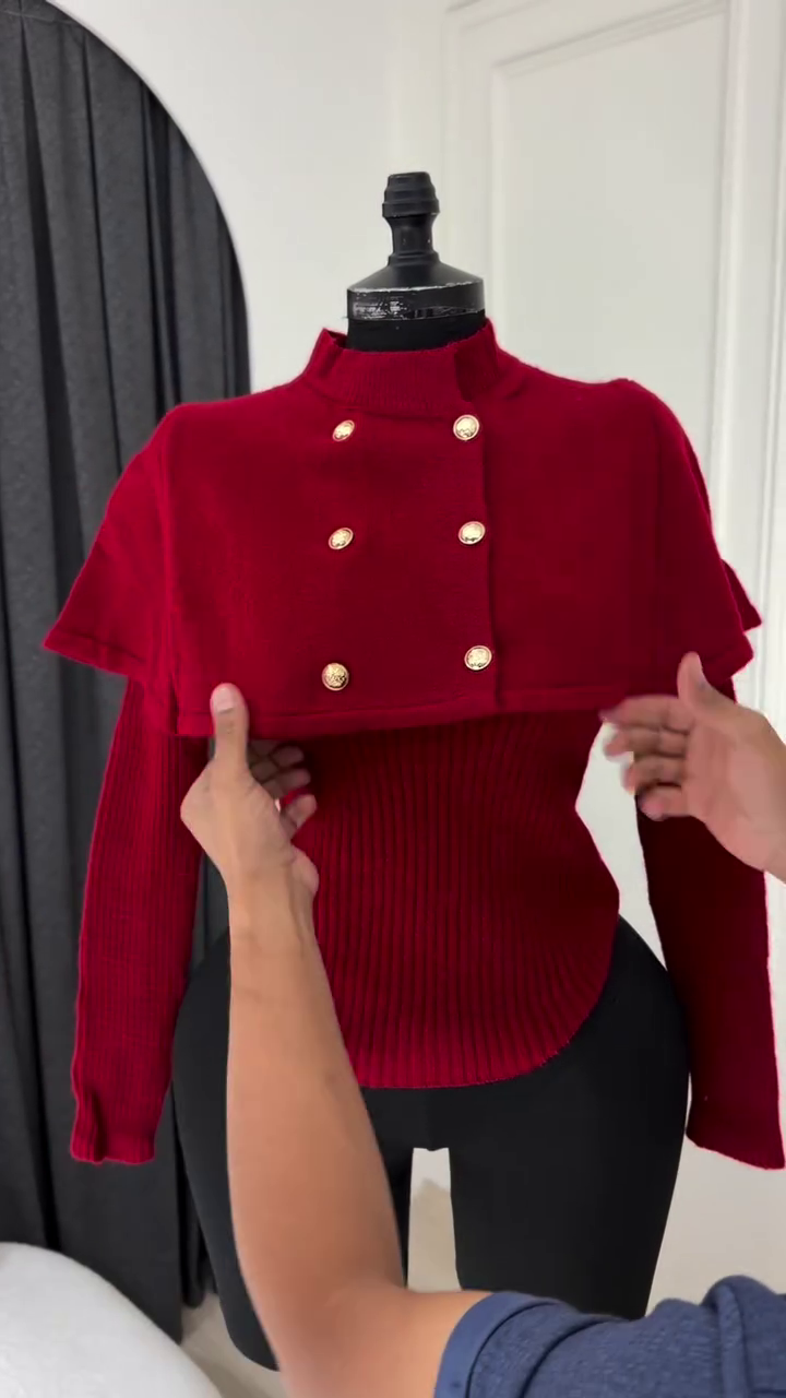 Elegant Grey Double-Breasted Knit Two-Piece Sweater Set Featuring a Short Capelet Overlay with Gold-Toned Metallic Buttons and a Matching Ribbed Long-Sleeve Under Top