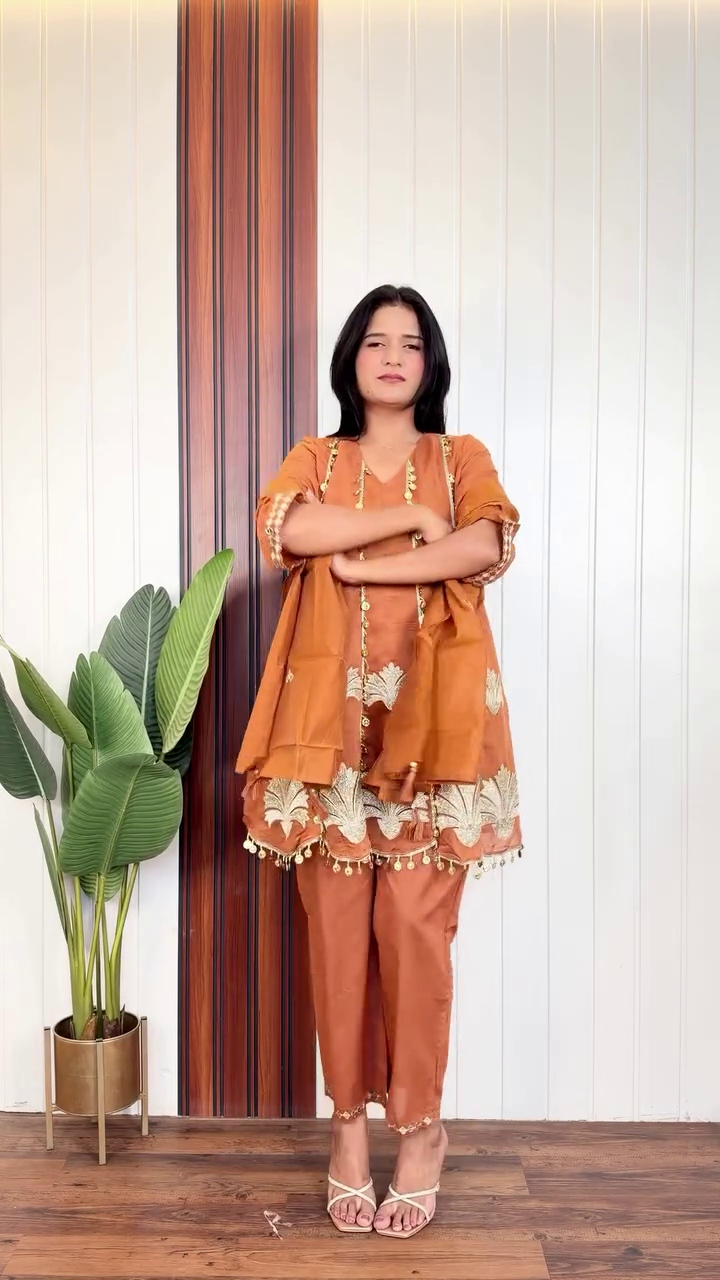 Elegant Olive Green Ethnic Suit Set Featuring Tiered Long Kurta with Gold Coin Detailing, Embroidered Floral Hem Motifs, and Matching Straight Trousers   ✨