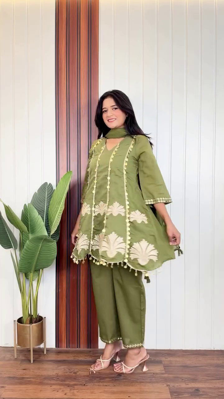 Elegant Olive Green Ethnic Suit Set Featuring Tiered Long Kurta with Gold Coin Detailing, Embroidered Floral Hem Motifs, and Matching Straight Trousers   ✨