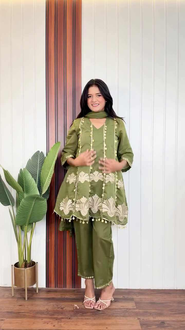 Elegant Olive Green Ethnic Suit Set Featuring Tiered Long Kurta with Gold Coin Detailing, Embroidered Floral Hem Motifs, and Matching Straight Trousers   ✨